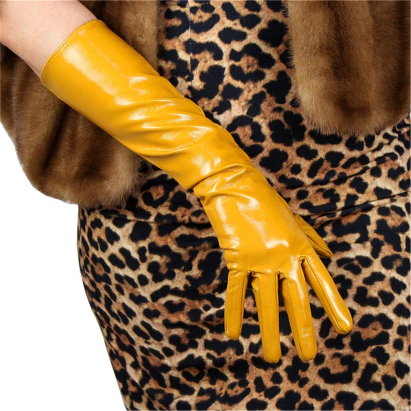 40cm Patent Leather Gloves Long Section Warm PU Emulation Leather Mirror Bright Leather Yellow Egg Yolk Ginger Yellow WPU33-40