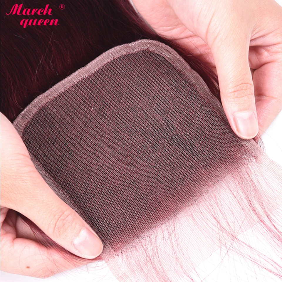 

March Queen #99J Straight Bundles With Closure Red Wine Color Burmese Human Hair With 3 Pcs With 4x4 Lace Closure 150% Non-Remy