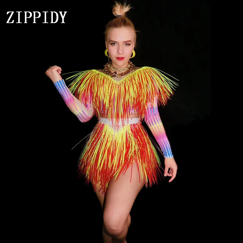 New Style Neon Orange Tassel Spandex Bodysuit Women Dance Birthday Celebrate Wear Female Singer Stage Wear Nightclub Clothes