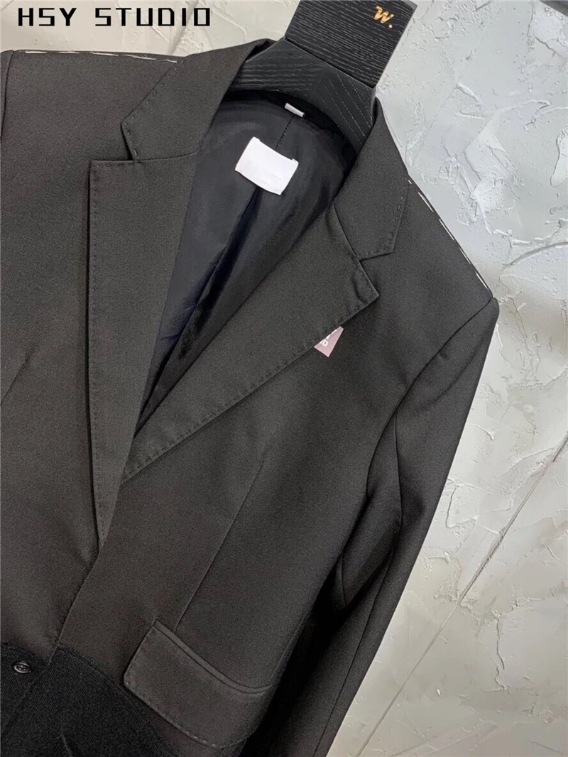 【HSY studo】2019 осенний Новый тренд вязаный длинный черный Женский блейзер рукав