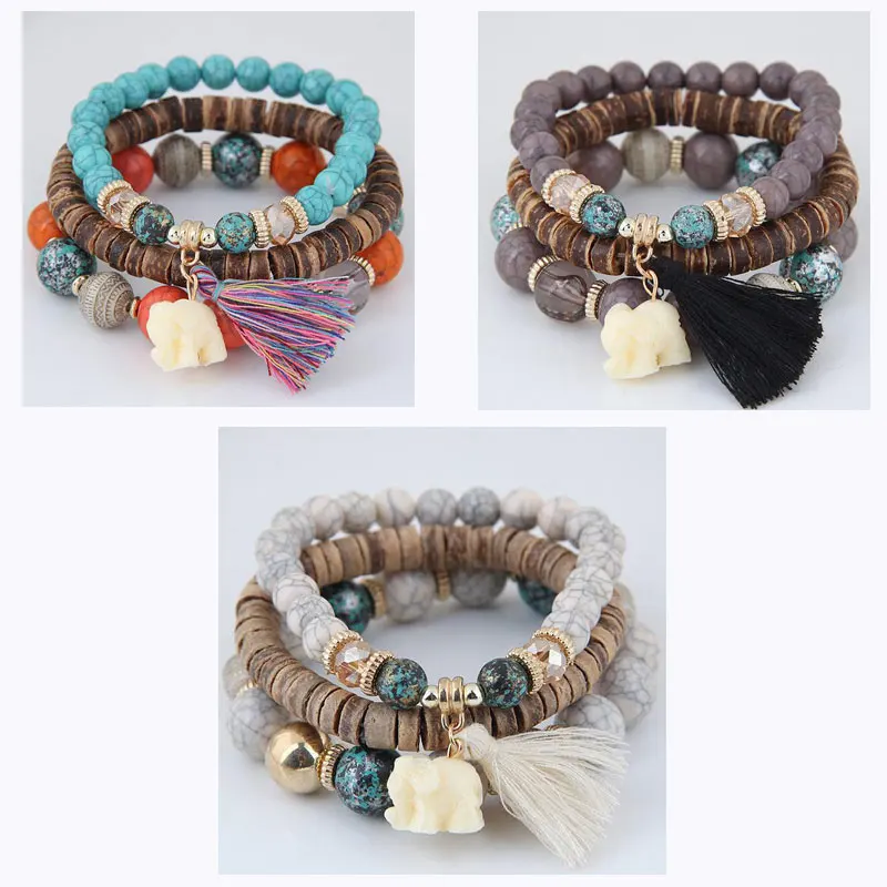 Женский эластичный браслет из деревянных бусин многоярусный в богемном стиле