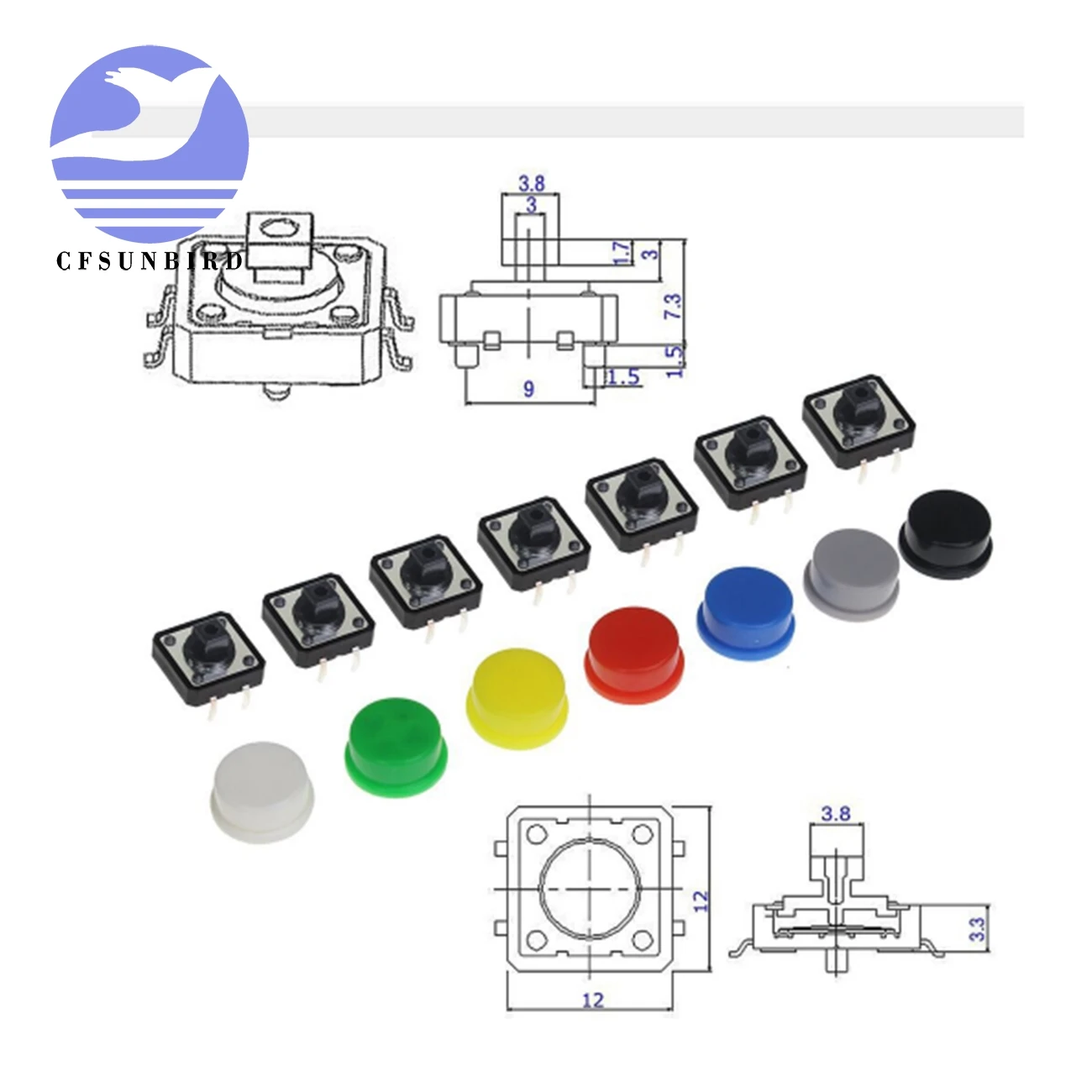 20PCS Tactile Push Button Switch Momentary 12*12*7.3MM Micro switch button + (20PCS 5 colors Tact Cap)12*12*7.3 | Электронные