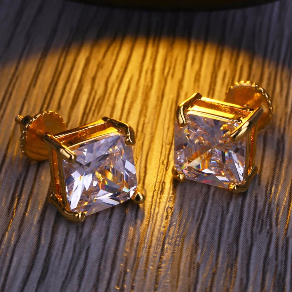 В стиле «хип-хоп» схватка кубического циркония Bling лед из ювелирных изделий серьги стержня мужской медные, золотистого цвета с квадратным мужские серьги рок ювелирные изделия