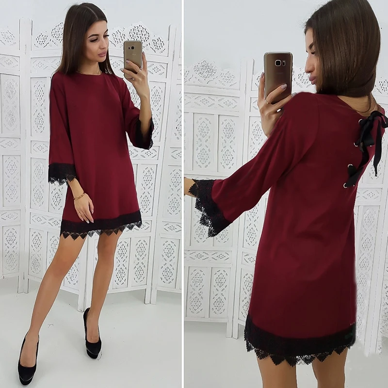 Женское повседневное кружевное лоскутное прямое платье с бантом сзади женское