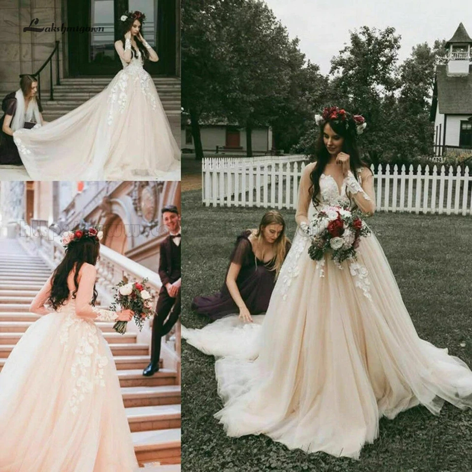 Свадебное платье принцессы с длинным рукавом lakshmidress легкое цвета шампанского