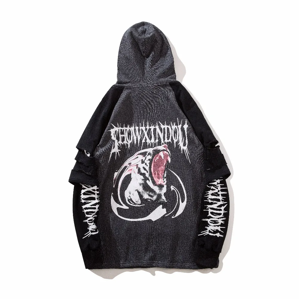 Тигр ревущий лоскутный свитер Oversize рукавом отверстие уличная Толстовка