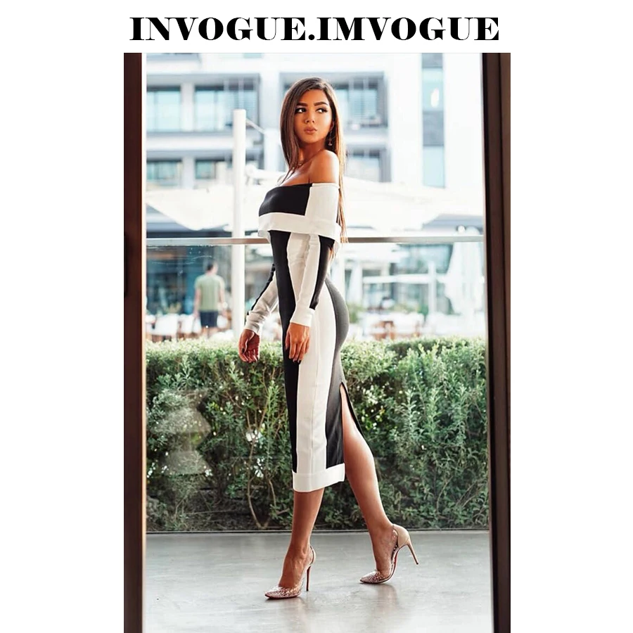 Женское платье с открытыми плечами INVOGUE Черное и белое Бандажное длинными