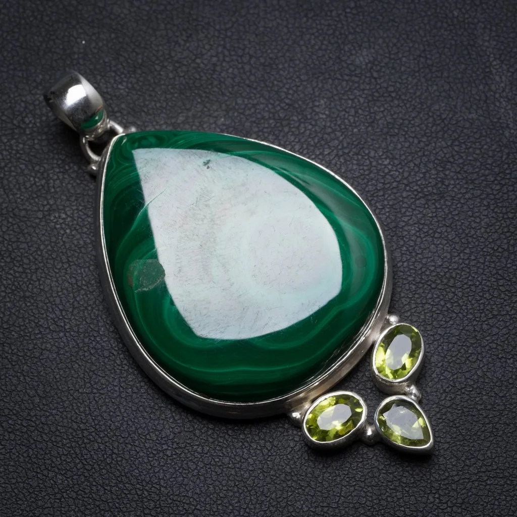 Натурального малахита и Перидотом ручной работы Уникальные 925 пробы Серебряный
