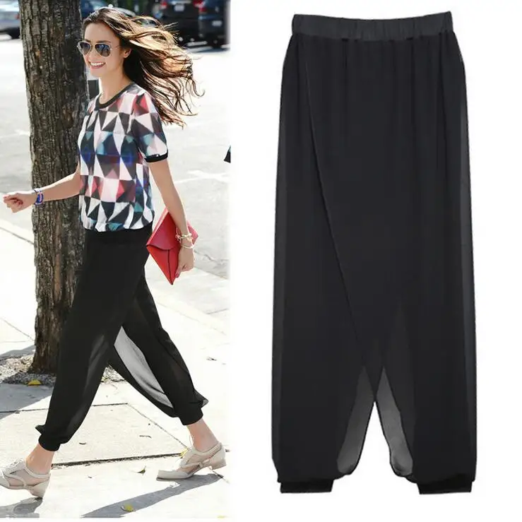 Chiffon Capris Women's 2021 Summer Elastic Waist Women Pants Casual High Waist Loose Female Trousers Black