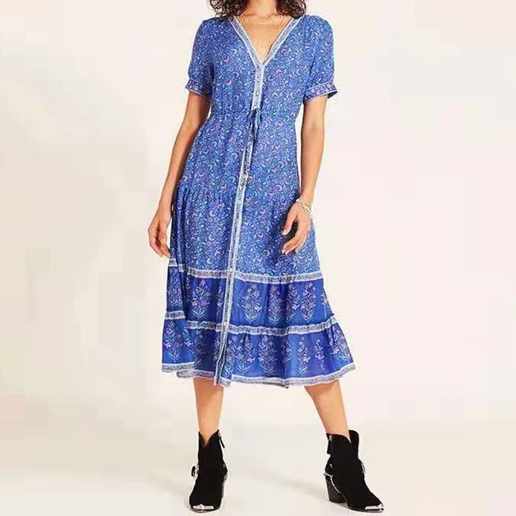 Летнее женское платье в богемном стиле ocktail вечерние пляжное с v образным вырезом