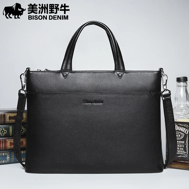 Бренд BISON DENIM мужские портфели сумки через плечо брендовая натуральная кожа