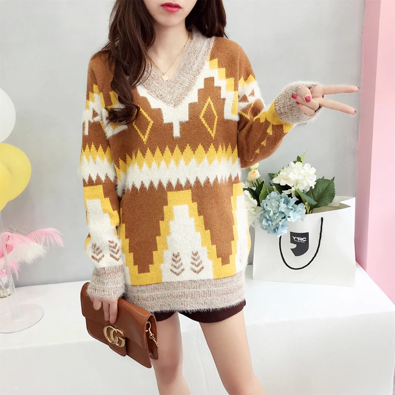 Autumn Winter Knit Pullovers Sweaters New Hot Sales Women Preppy Style Girls Blue Brown Knitted Printed V Neck Sweater Tops 1078 | Женская