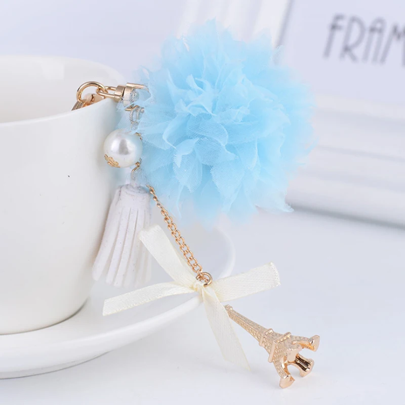 Creative Pom Lace Flower Keychain Bow Pearl Tower Pendant Leather Tassels Women Car Key Chain Ring Holder Trendy Jewelry | Украшения и