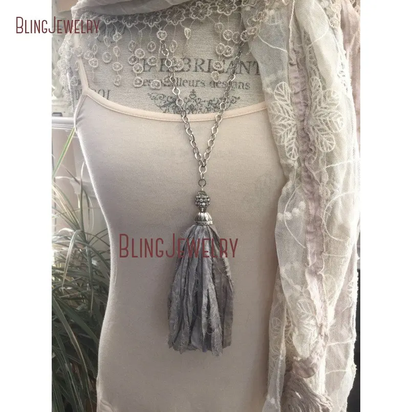 Silver Chain Necklace Gray Sari Silk Tassel NECKLACE NM15494
