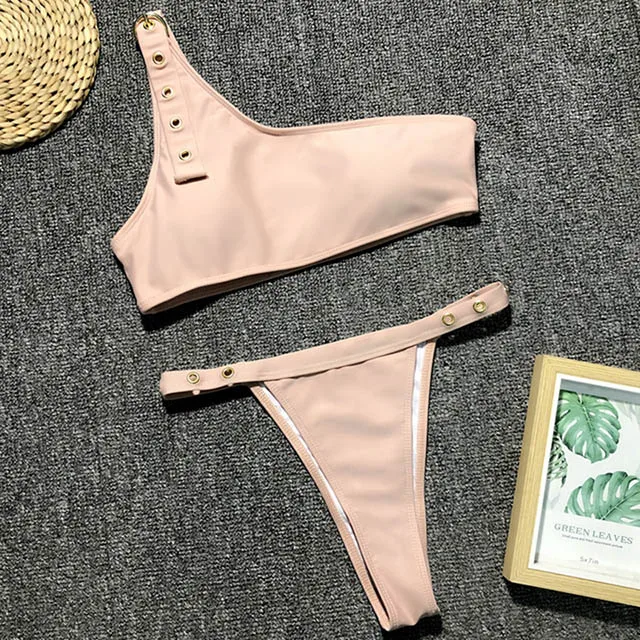 B814Beige Бикини на одно плечо с высокой талией,, Женский Регулируемый купальник с застежкой, женский купальник, комплект бикини из двух предметов, сексуальный купальный костюм - Цвет: B814Beige