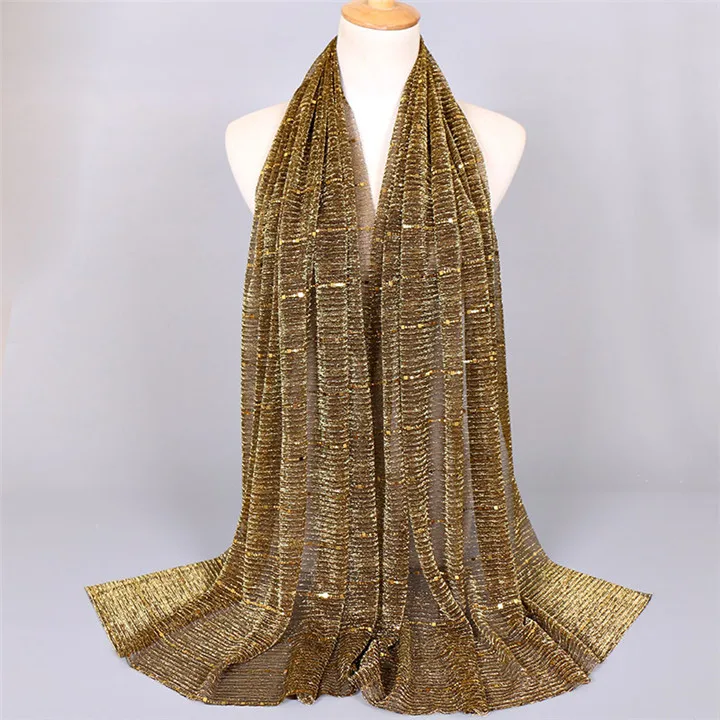 ZFQHJJ 10pcs/lot Women Sparking Shiny Sequin Gold Silk Yarn Muslim Hijab Scarf Shawls Head Scarfs Wraps Party Wedding Hijabs - Цвет: 9 earth yellow