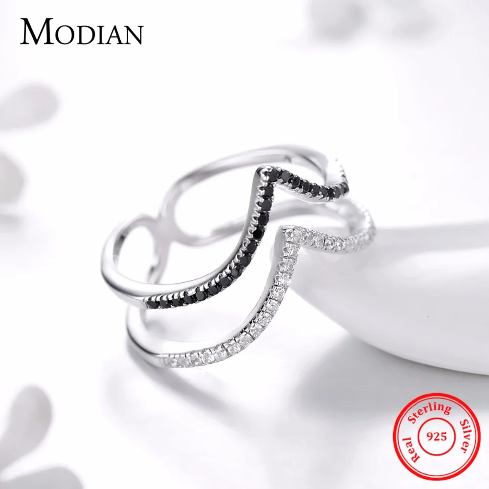 Modian, настоящее 925 пробы Серебряное кольцо, модные белые и черные стрелы, ювелирные изделия для женщин, сверкающие кольца с кубическим цирконием