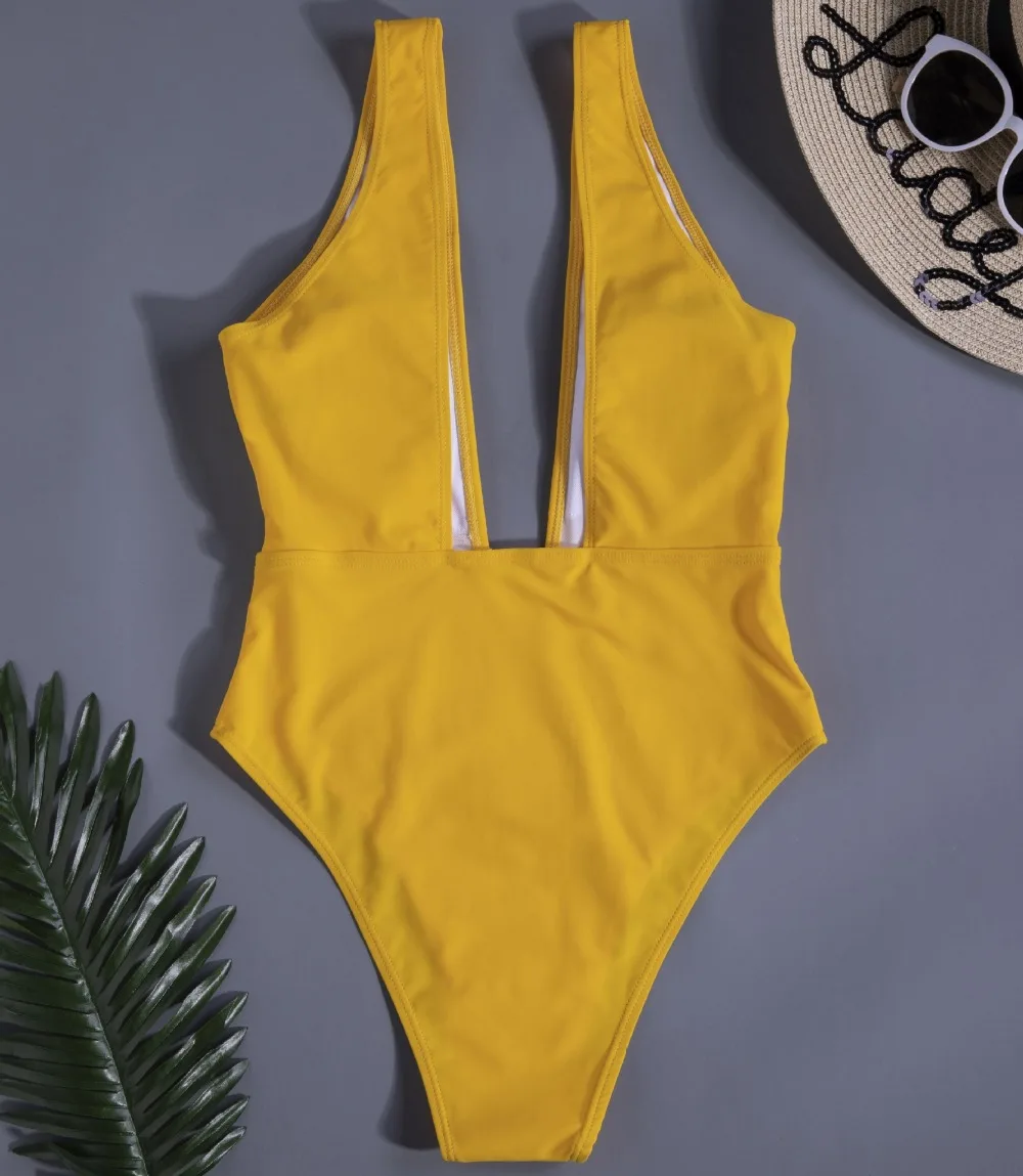 Женский купальник с глубоким v образным вырезом желтый высокой талией пляжный