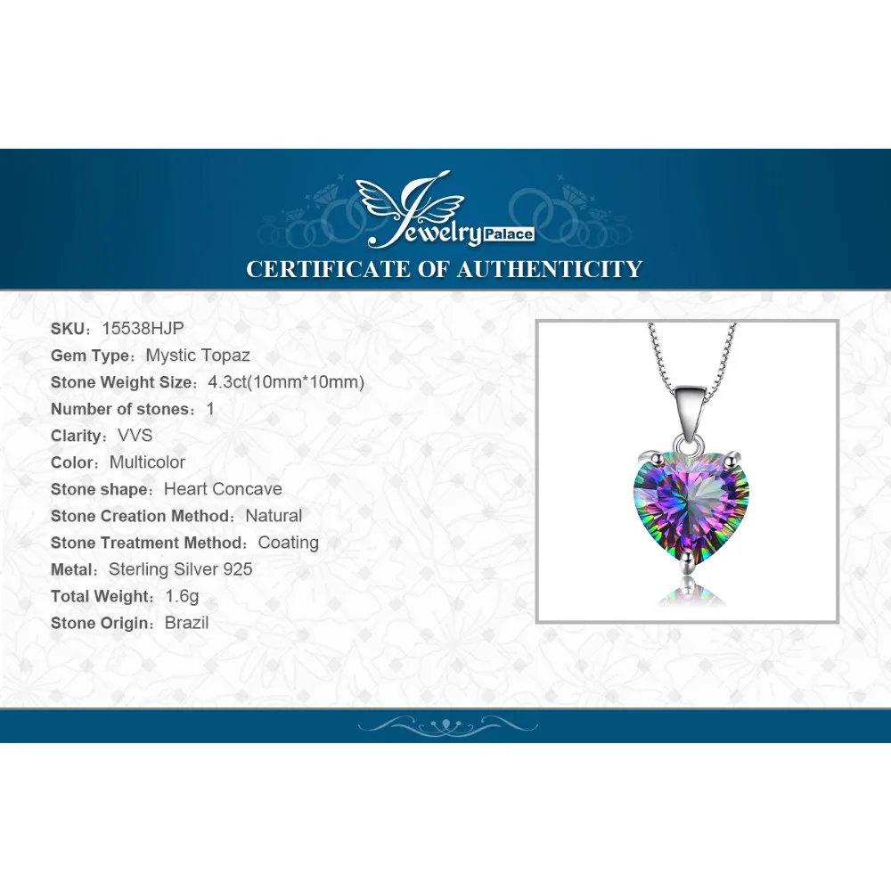JewelryPalace 4ct Rainbow Fire Mystic Topazs Pendant Solid 925 Sterling Silver Vintage Jewelry Heart Brand New |