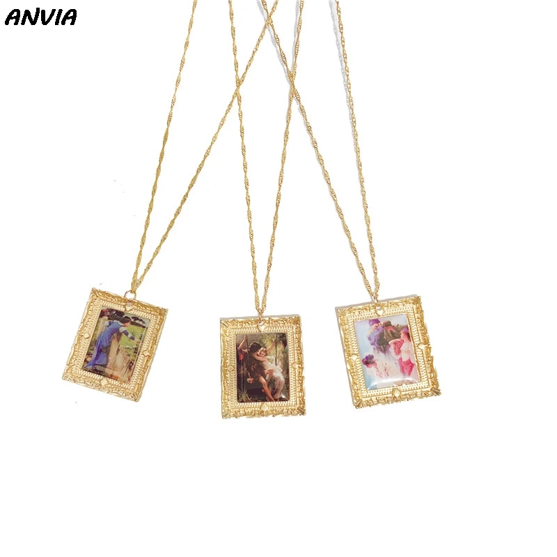 

Romantic Retro Pendant Necklace Women Punk Famous Art Oil Painting Big Square Metal Gold Chain Best Friends Gifts Bijoux 2019