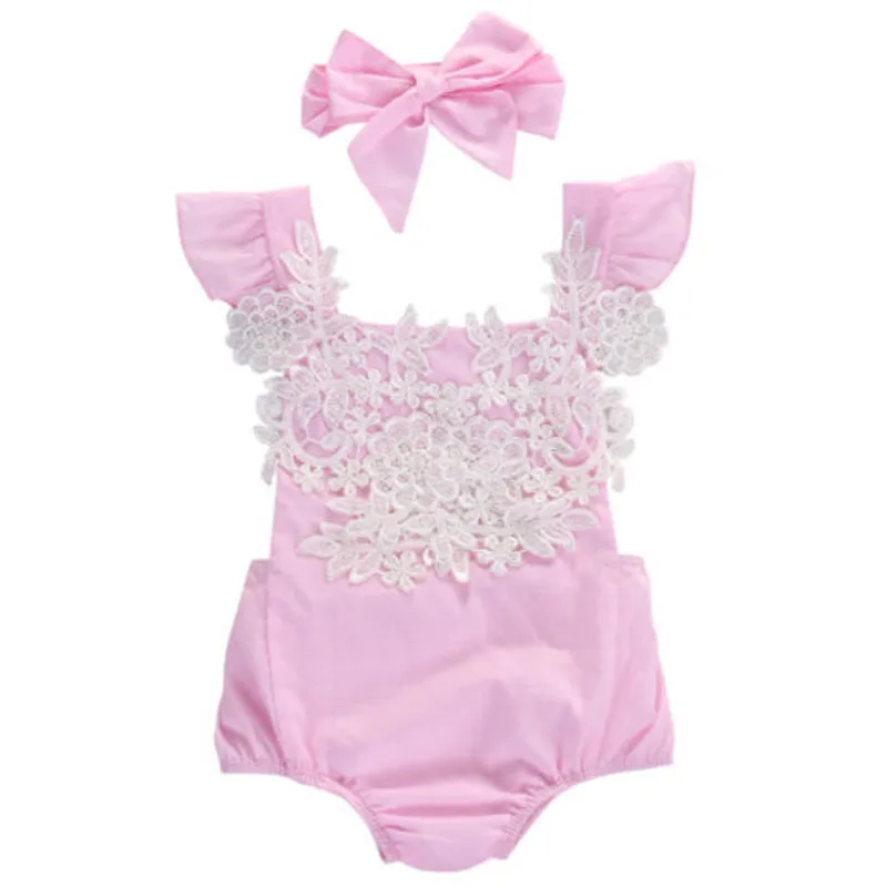 Cute Newborn Baby Girls Bodysuit Lace Floral Pink Jumpsuit+Headband Outfits Sunsuit Clothes | Детская одежда и обувь