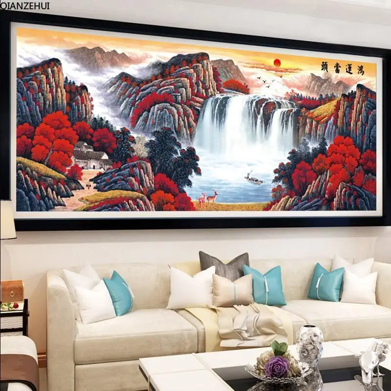 QIANZEHUI Needlework 100% precision printing Red landscape waters Cross stitch Rich tree full embroidery Wall Home Decro | Дом и сад