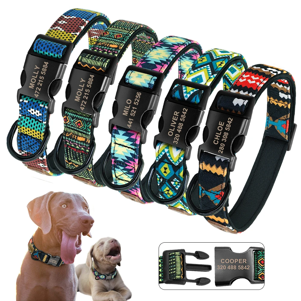 

Personalized Dog Collar Nylon Custom Pet Dog Tag Collars Printed Plaid Puppy Nameplate ID Collars For Medium Large Dogs Engraved