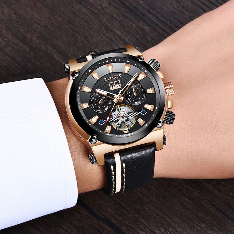 LIGE мужские часы Топ бренд класса люкс бизнес модные автоматические Tourbillon кожа