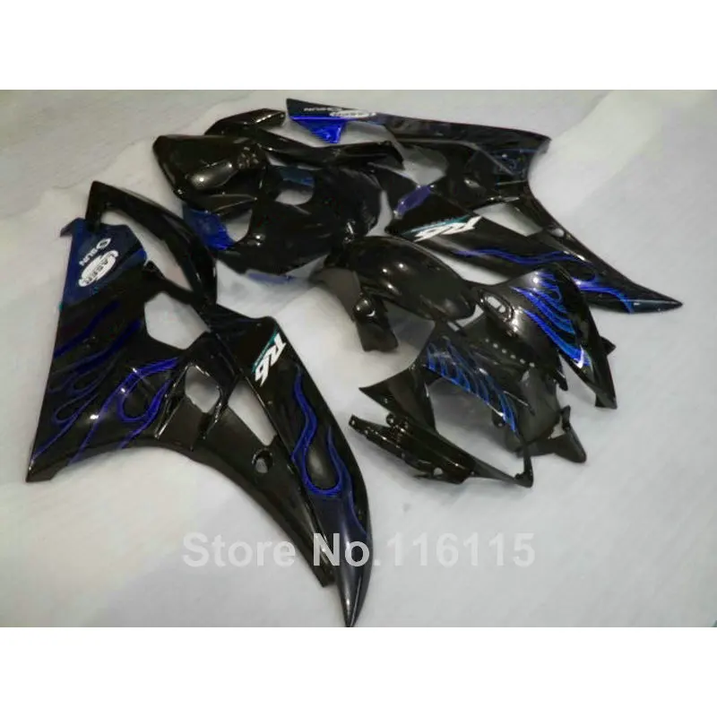 Литье под давлением ABS обтекатель комплект для YAMAHA YZF R6 2006 2007 Синий Пламя в черном