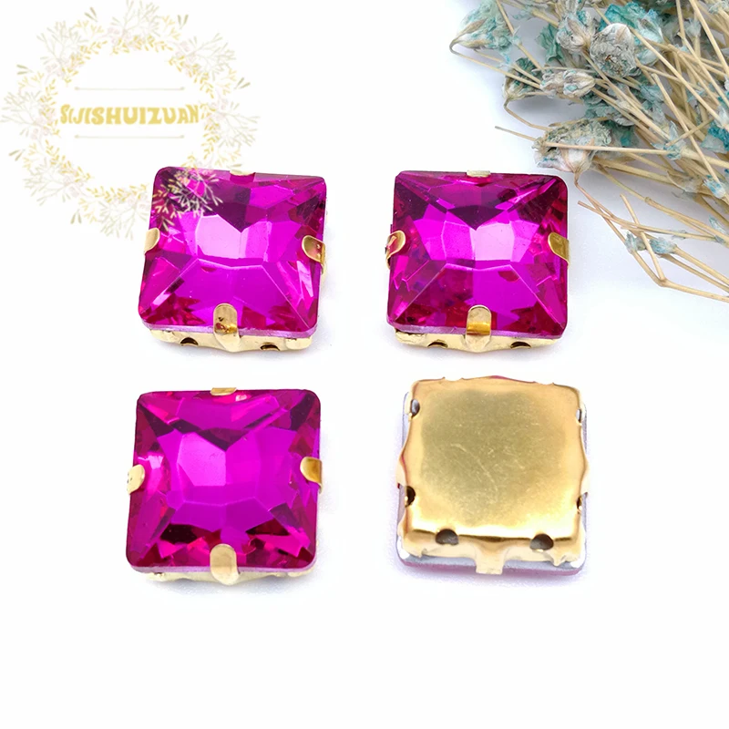 Rose red Square Crystal Glass Sewing Rhinestones with gold Claw for Diy wedding Dress and Bags | Дом и сад