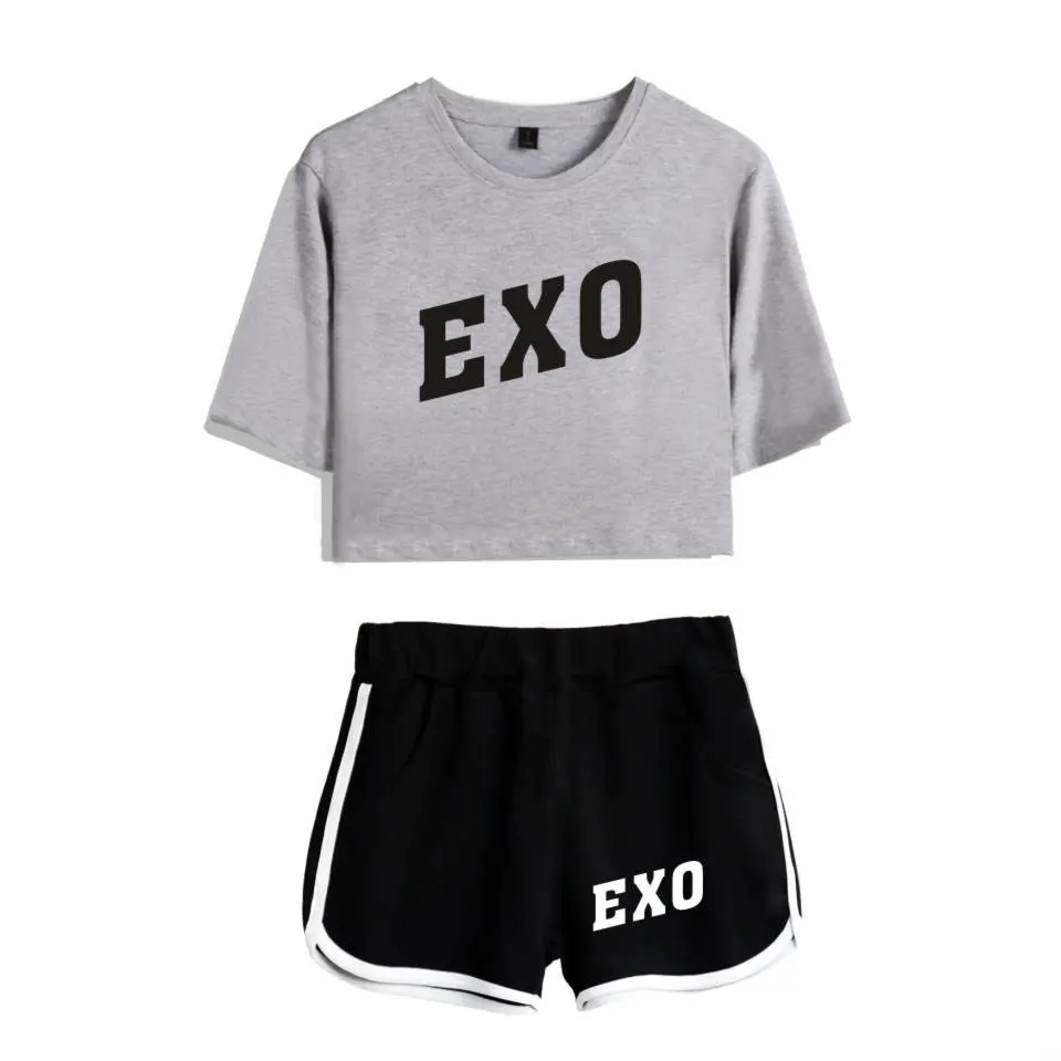 Женский спортивный костюм Kpop Exo женский короткий топ шорты и брюки летний