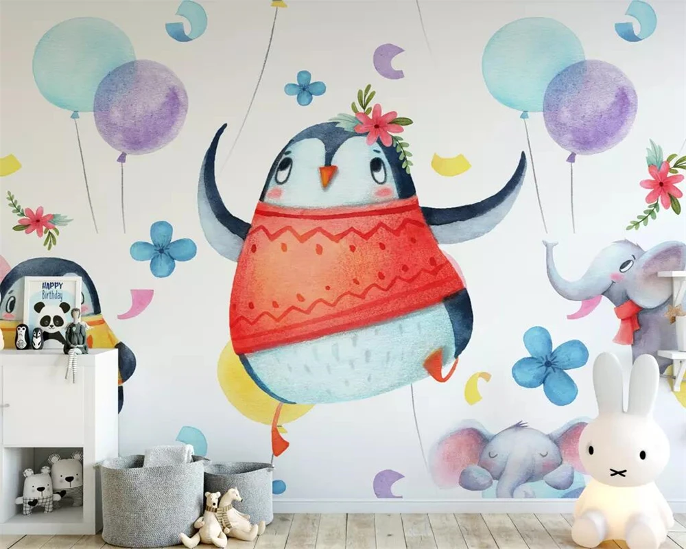 

beibehang Custom wallpaper photo mural fashion watercolor nordic penguin elephant animal children's room background wall