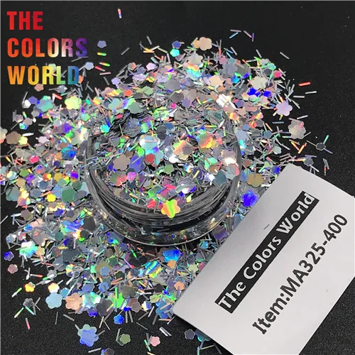 TCT-079 лазерные голографические Серебристые цвета формы смешивания ногтей Блеск художественное оформление ногтей Блеск для тела тату гель макияж фестиваль - Цвет: MA325-400   50g