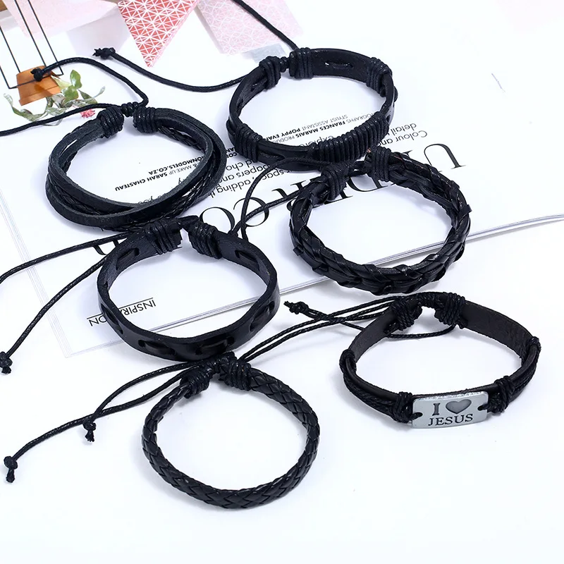 Новые 6 шт./партия винтажные панк любовь Иисус очарование черные кожаные плетеные