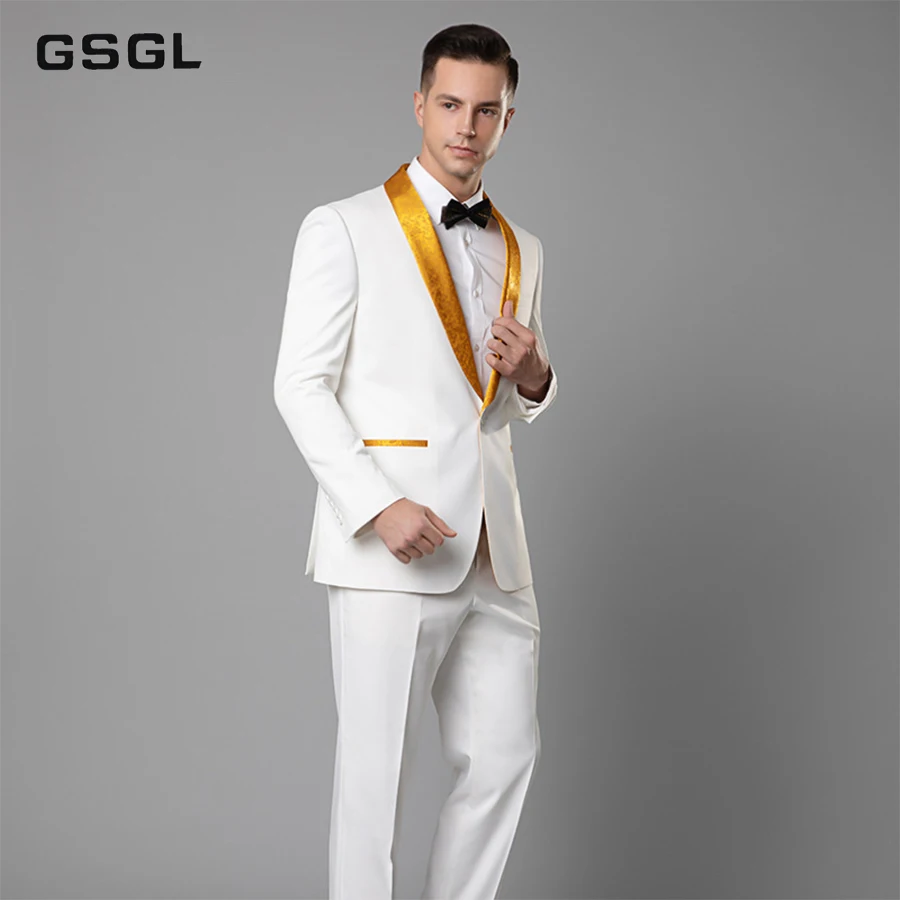 Men's 2 Pieces Suit Shawl Lapel Tuxedo Suits Formal Golden Jacquard Jacket Pants White Suit Set