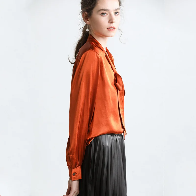 2019 Spring Retro Vintage Elegant Office Work Stand Neck Bow Collar Long Sleeve Solid Real Silk Shirt Blouses Tops Q728 |