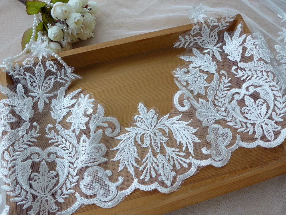 

6 Yards Vintage Embroidery Floral Lace Trim In Ivory Polyester Lace Fabric On Mesh Free Shipping