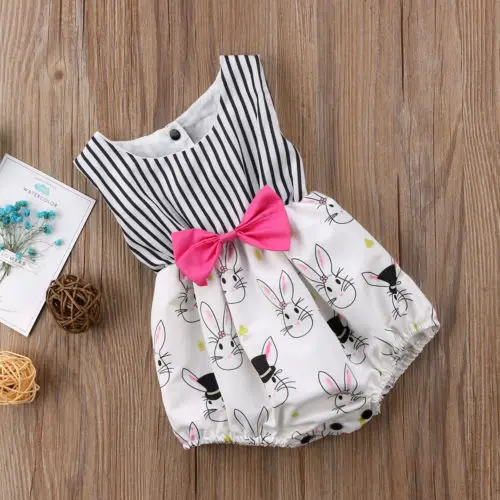 

2018 Newborn Baby Girl Infant Bunny Rabbit Striped Jumpsuit Bodysuit Outfits Clothes Fashion Bowknot Patchwork Cotton Clothing