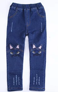 Детские рваные джинсы для девочек одежда с 3D вышивкой кошки модные брюки