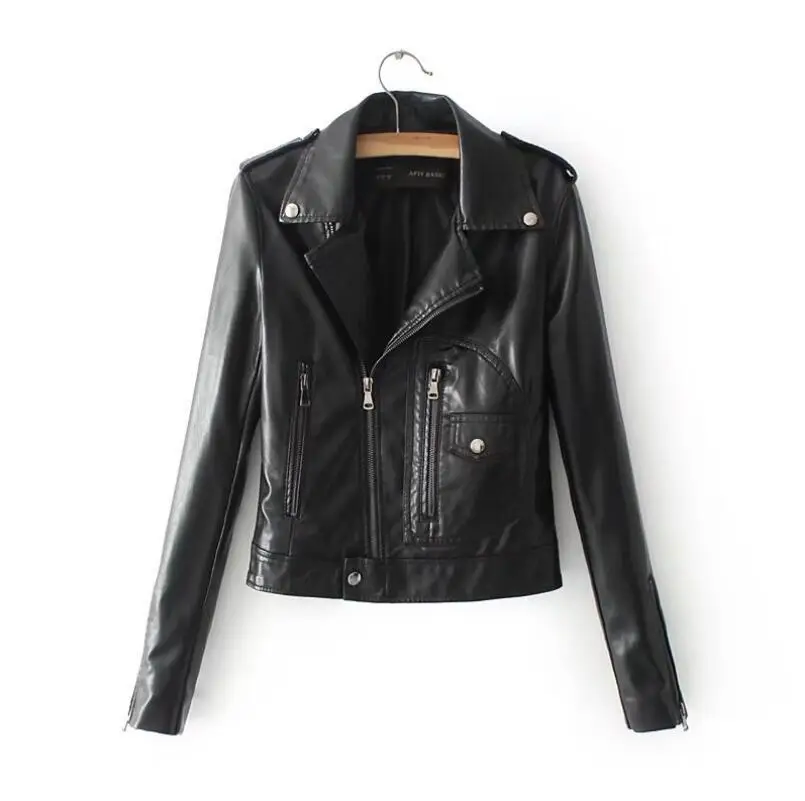 Женская Короткая кожаная куртка черная приталенная красная с отложным