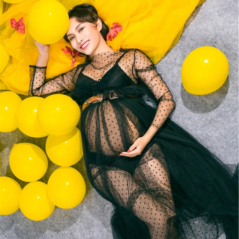 Беременность фото Shoot кружевное платье материнства с длинным рукавом Фотографии