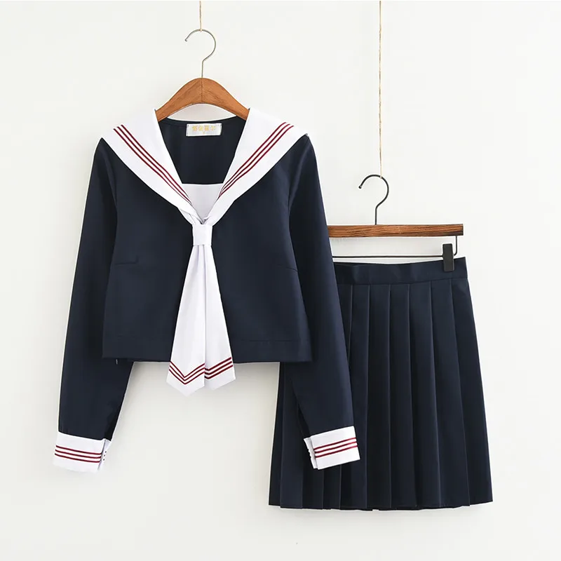 Long Sleeve Set Темно-синяя японская школьная форма для женщин, Корейская моряк, хлопковая школьная форма для девочек, топ+ юбка+ галстук S-XXL - Цвет: Long Sleeve Set