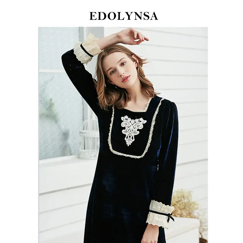 Navy Blue Elegant Square Collar Long Sleeve Velvet Night Dress Vintage Victorian Nightgown Autumn Women Sleepwear Nightwear H778 | Женская