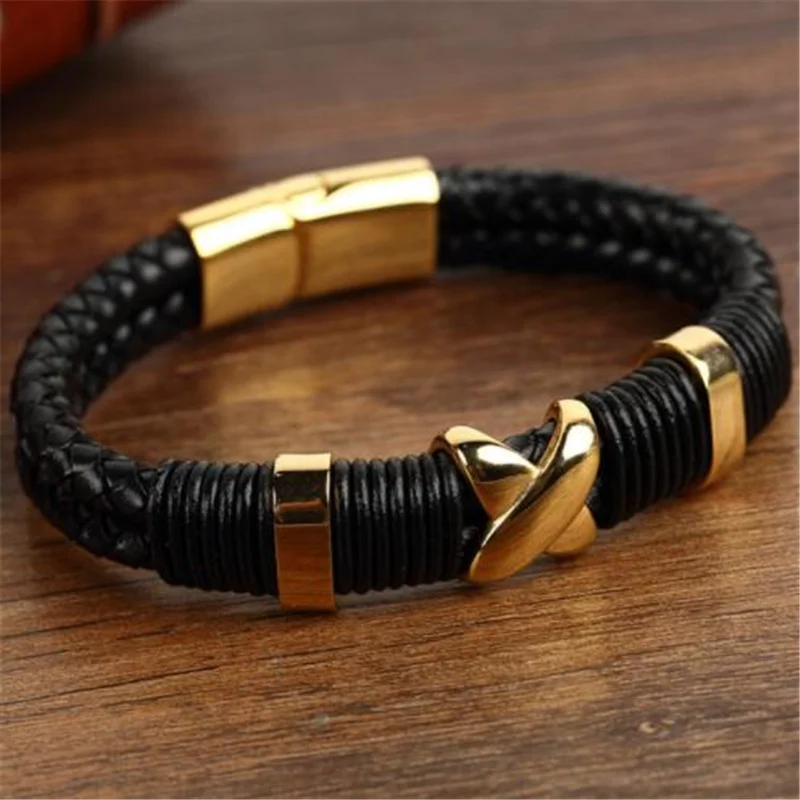 Модный мужской браслет панк черный плетеный двойной кожаный Pulseira золотой