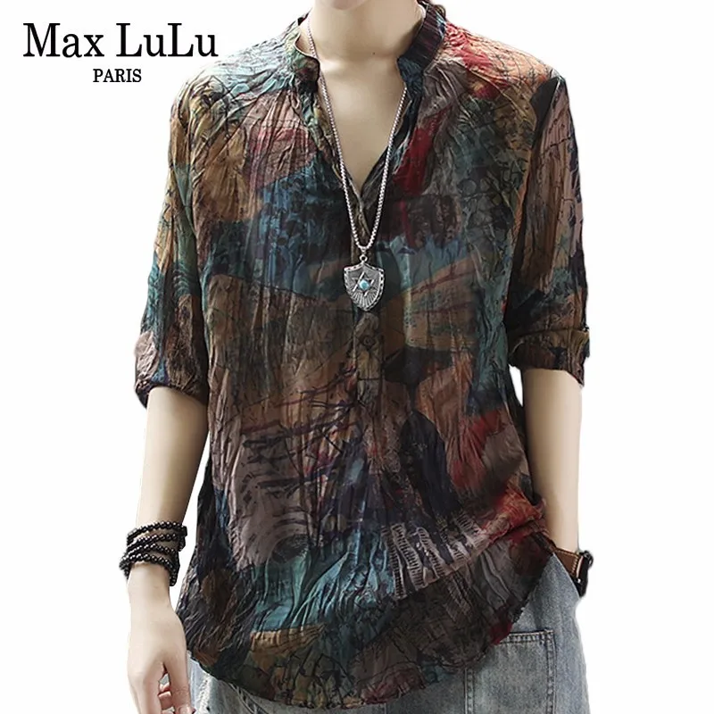 Max LuLu летние корейские модные женские льняные топы и блузки женские шифоновые рубашки с v-образным вырезом Повседневная винтажная хлопковая одежда