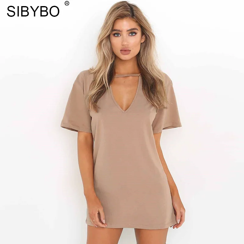 Хаки Sibybo, свободная хлопковая летняя футболка с v-образным вырезом, женская футболка с коротким рукавом, длинные женские топы, сексуальные повседневные футболки для женщин - Цвет: Хаки