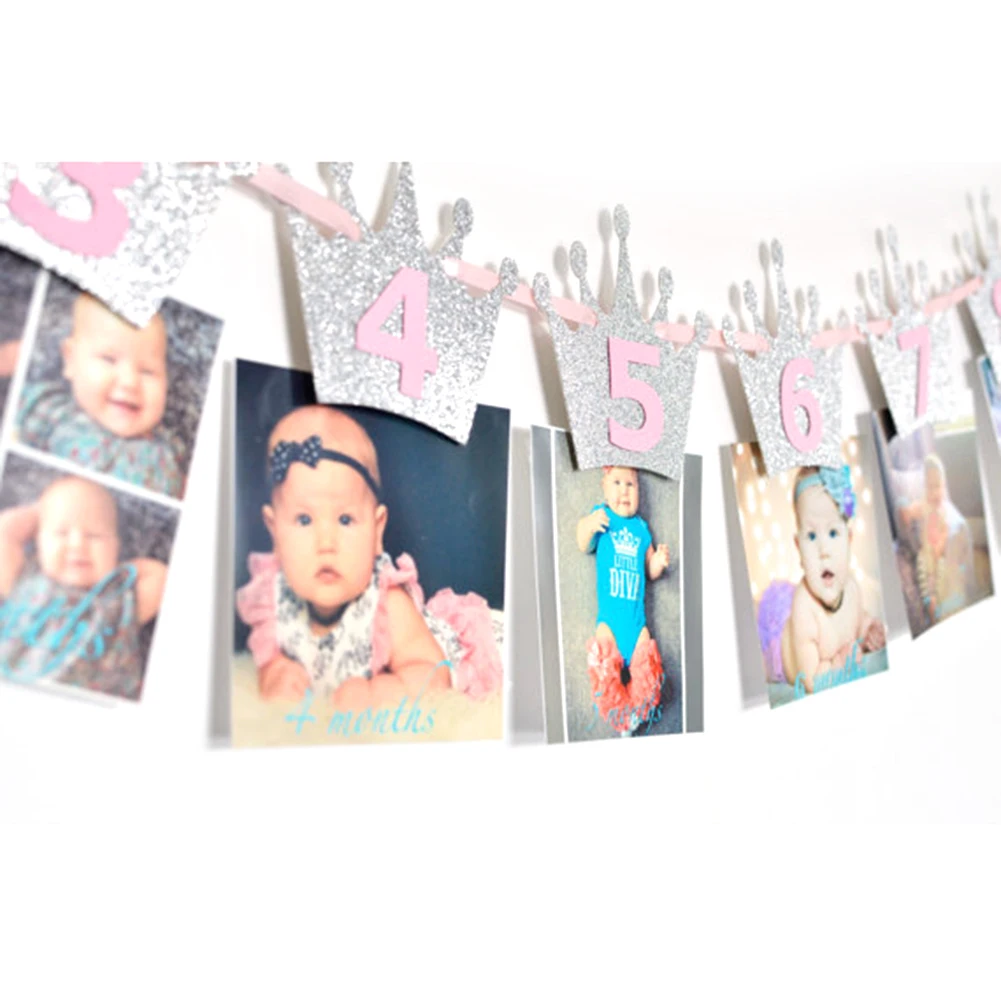 Baby Shower Glitter Crown Birthday Party Glitter Crown Monthly Photo Digital Banner 1-12 Months Garland Garland Party Decor Hot