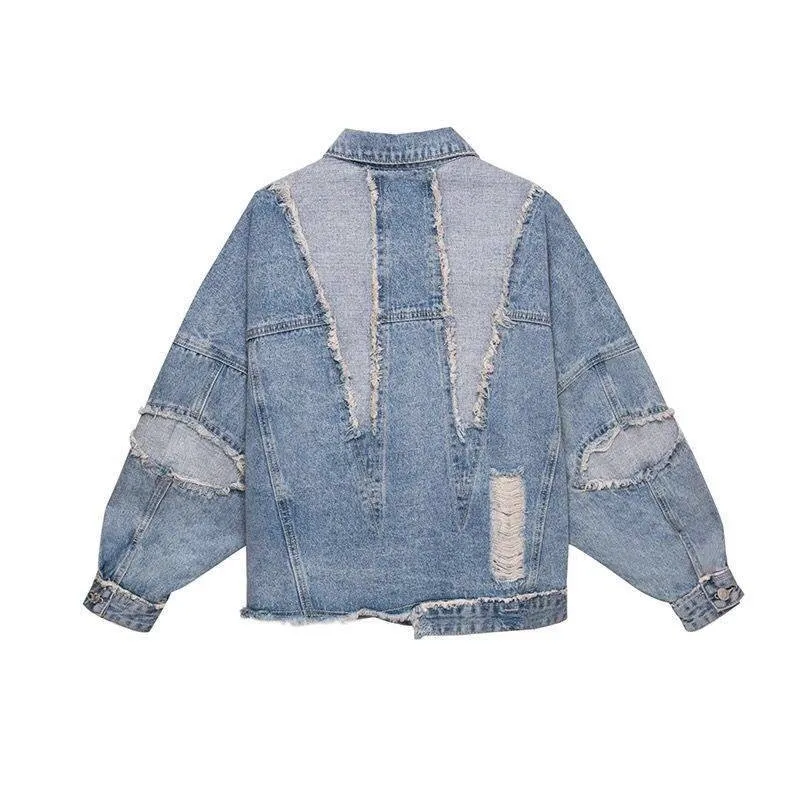 Женская джинсовая куртка бойфренд с дырками несимметричный подол свободная