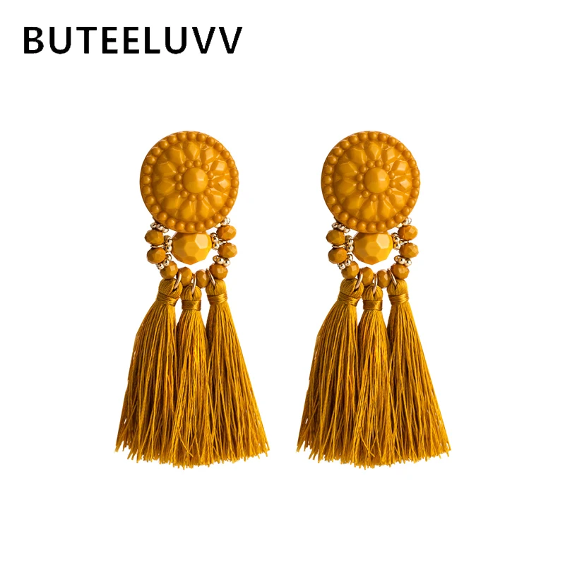 BUTEELUVV, 12 цветов, богемные серьги с кисточками, модное ювелирное изделие, этнические, ручная работа, акриловый бисер, массивные серьги-капли для женщин