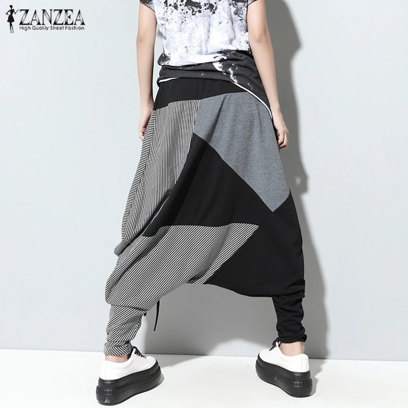 

ZNAZEA Vintage Patchwork Harem Pants Women Casual Elastic Waist Baggy Long Wide Leg Trousers 2021 Fashion Drop-Crotch Pantalon